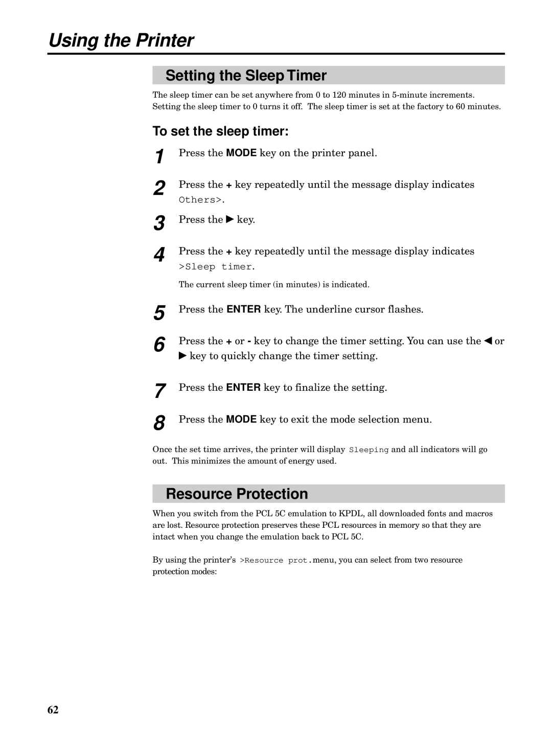 Kyocera FS-5900C manual Setting the Sleep Timer, Resource Protection, To set the sleep timer 