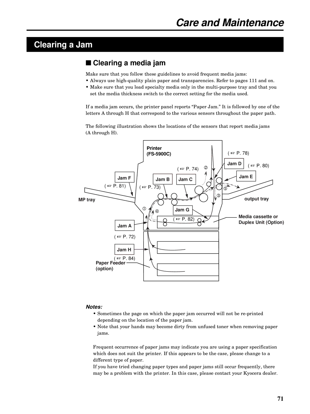 Kyocera FS-5900C manual Clearing a Jam, Clearing a media jam 