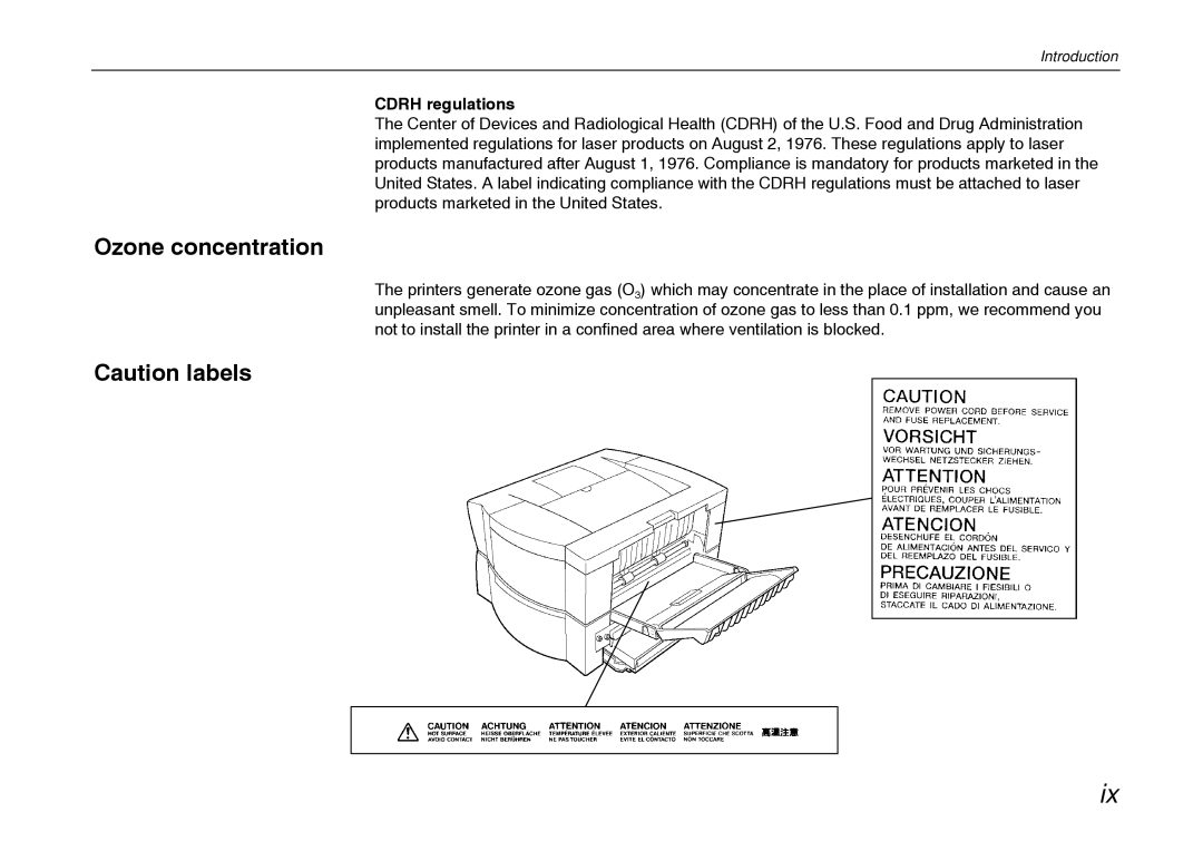 Kyocera FS-600 manual Ozone concentration, Cdrh regulations 