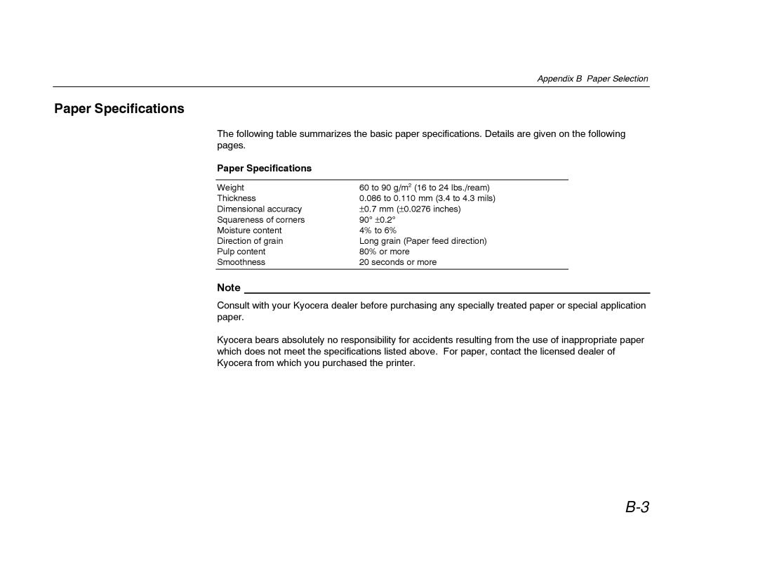 Kyocera FS-600 manual Paper Specifications 