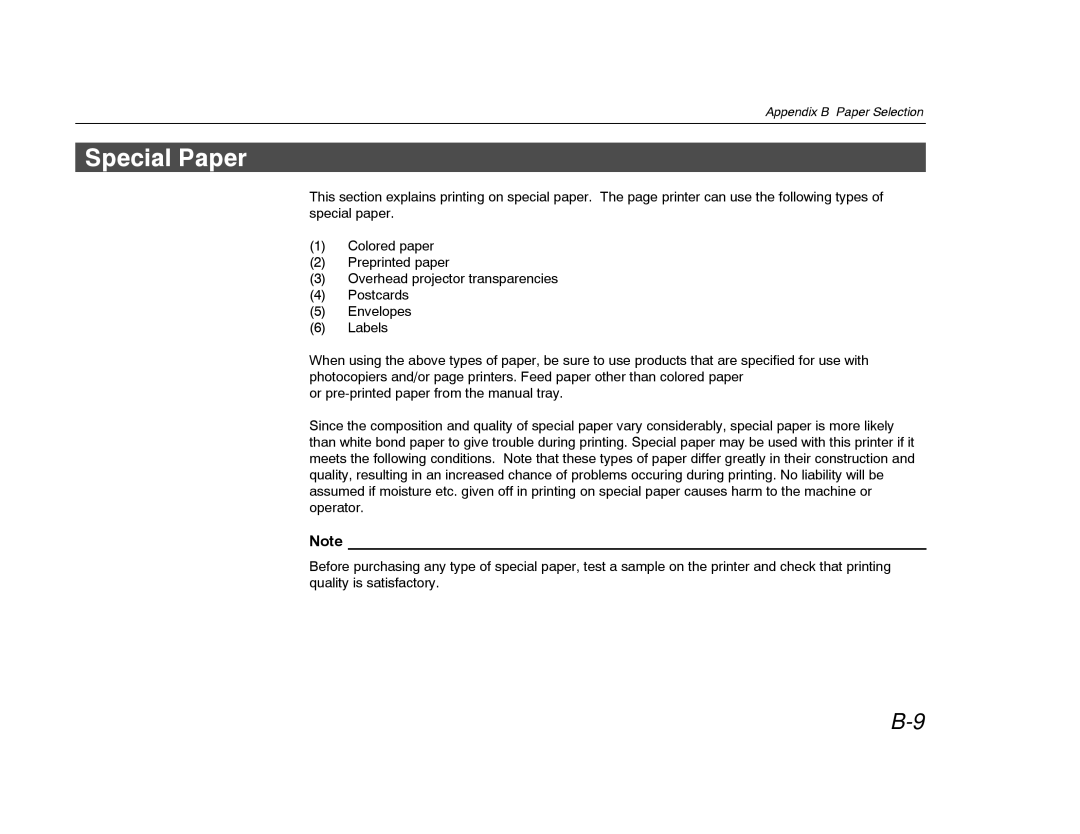 Kyocera FS-600 manual Special Paper 