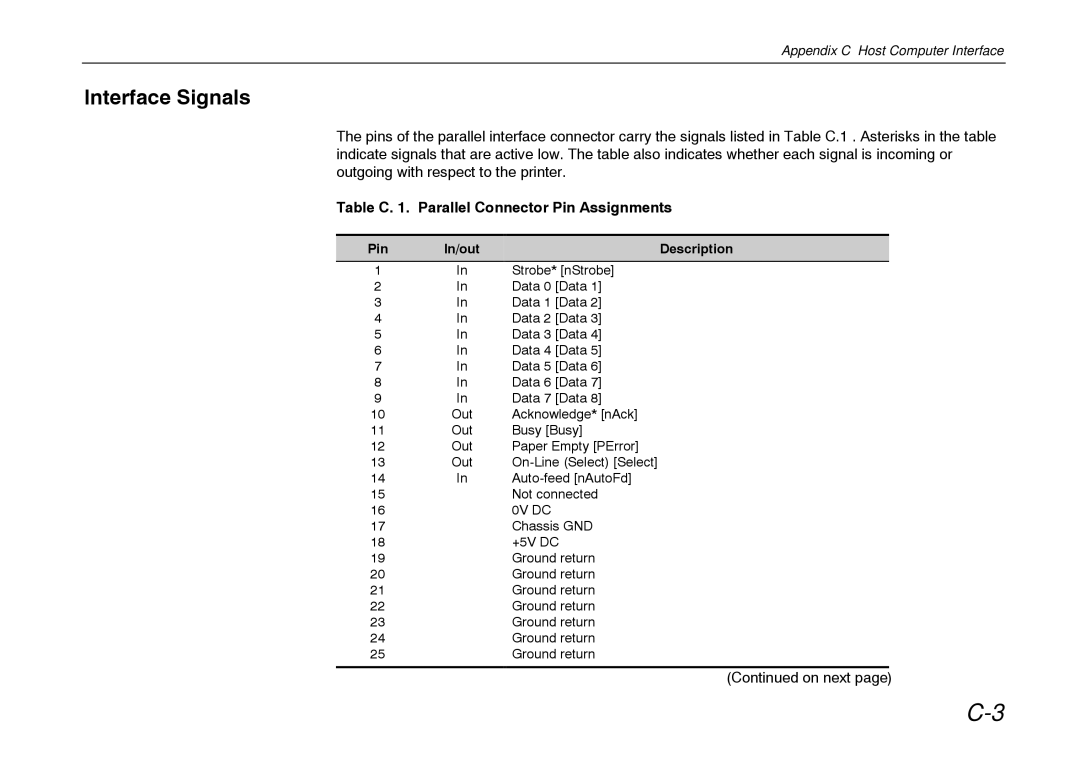 Kyocera FS-600 manual Interface Signals, Table C . Parallel Connector Pin Assignments 