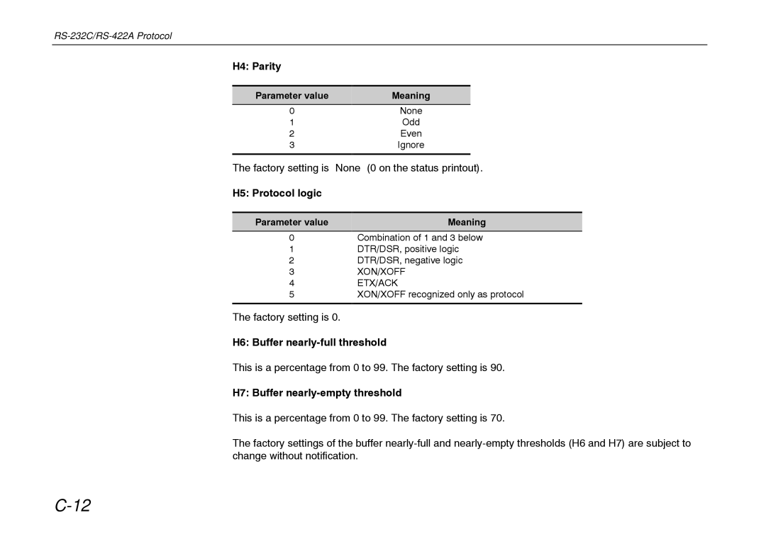 Kyocera FS-600 manual H4 Parity, H5 Protocol logic, H6 Buffer nearly-full threshold, H7 Buffer nearly-empty threshold 