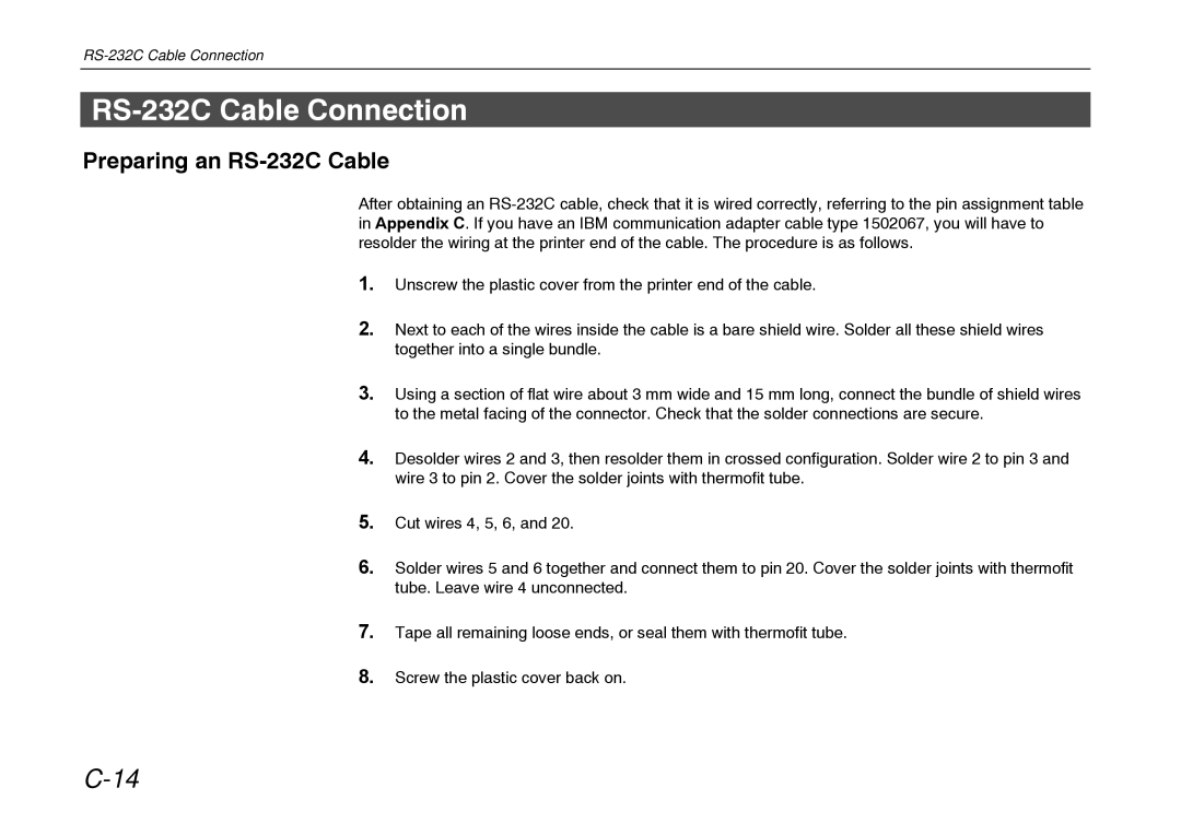 Kyocera FS-600 manual RS-232C Cable Connection, Preparing an RS-232C Cable 