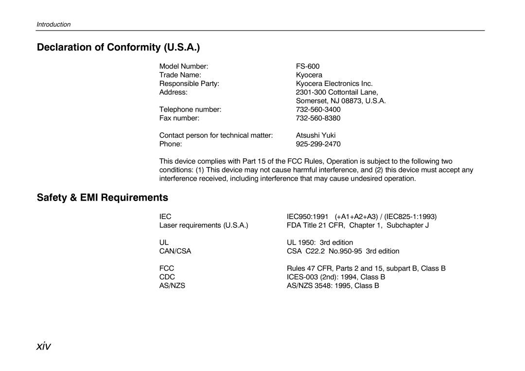 Kyocera FS-600 manual Xiv 
