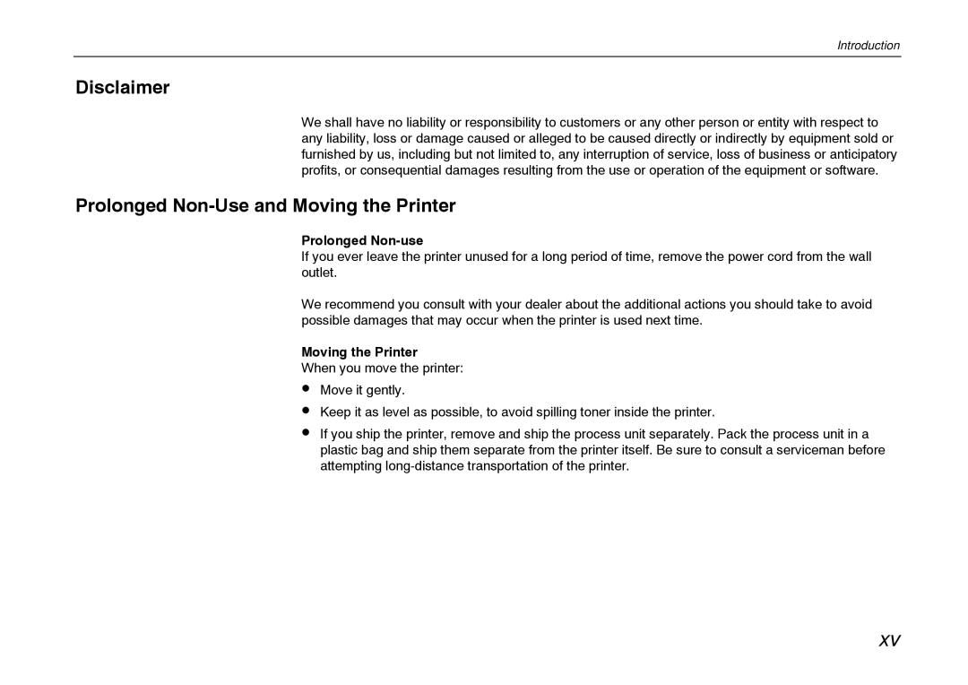 Kyocera FS-600 manual Disclaimer, Prolonged Non-Use and Moving the Printer, Prolonged Non-use 