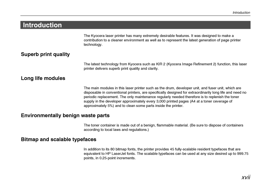 Kyocera FS-600 manual Introduction, Superb print quality, Long life modules, Environmentally benign waste parts 