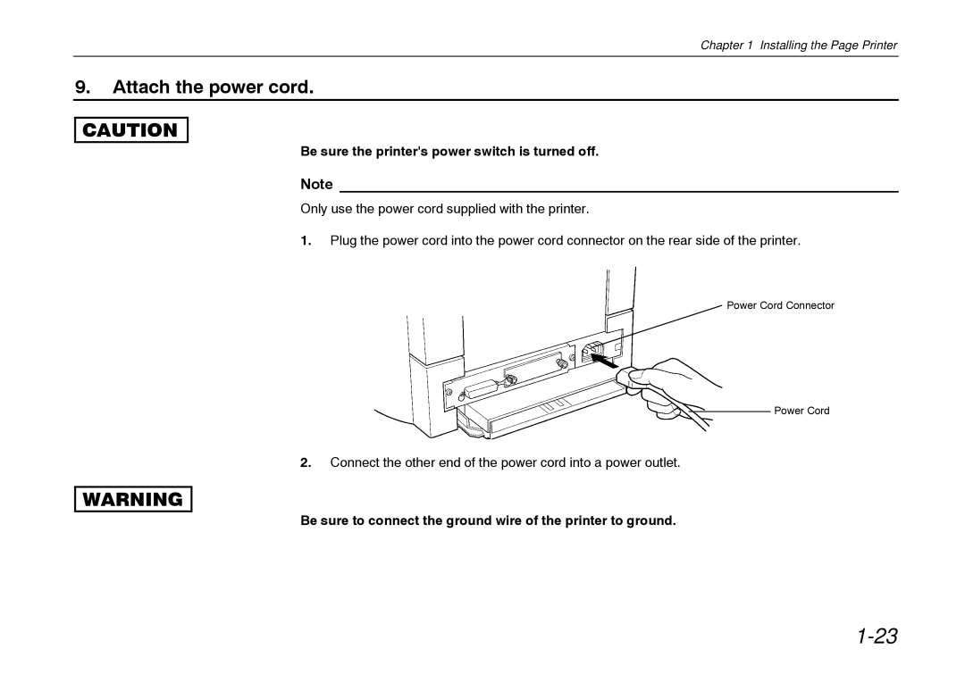 Kyocera FS-600 manual Attach the power cord, Be sure the printers power switch is turned off 