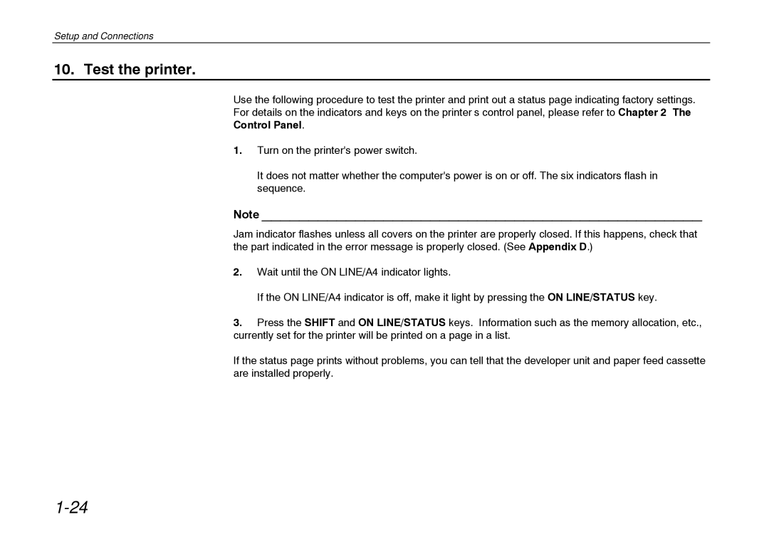 Kyocera FS-600 manual Test the printer, Control Panel 