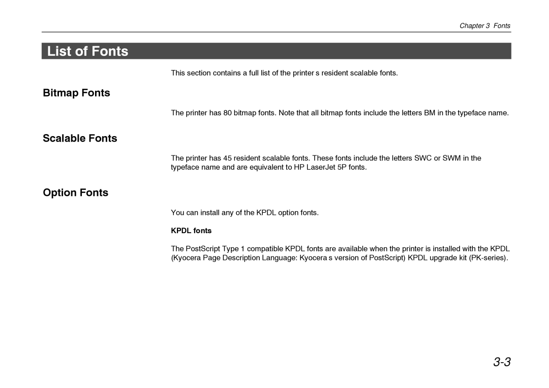 Kyocera FS-600 manual List of Fonts, Bitmap Fonts, Scalable Fonts, Option Fonts, Kpdl fonts 