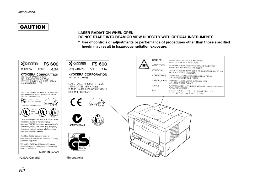 Kyocera FS-600 manual Viii 