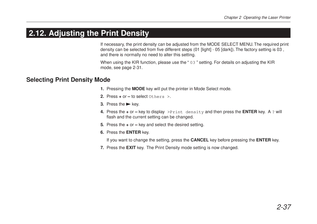 Kyocera FS-6700 manual Adjusting the Print Density, Selecting Print Density Mode 