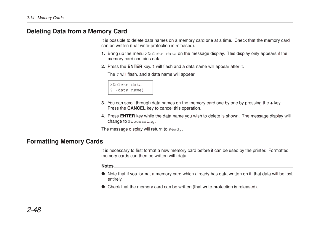 Kyocera FS-6700 manual Deleting Data from a Memory Card, Formatting Memory Cards 