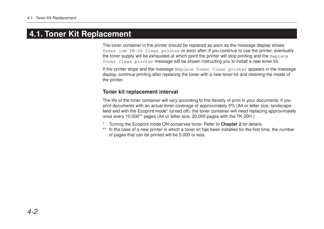 Kyocera FS-6700 manual Toner Kit Replacement, Toner kit replacement interval 