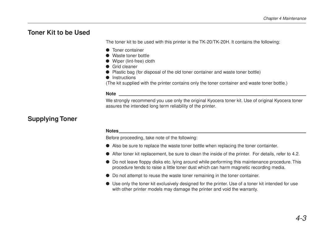 Kyocera FS-6700 manual Toner Kit to be Used, Supplying Toner 