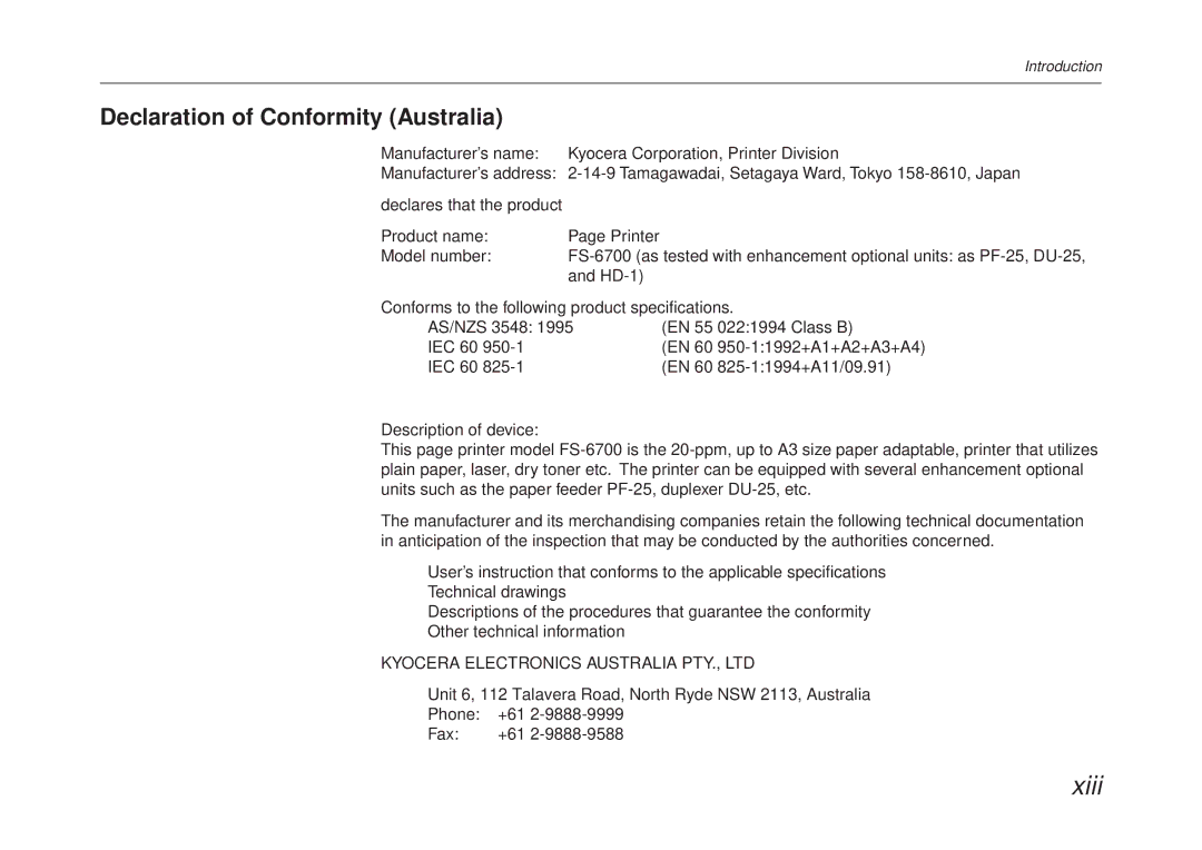 Kyocera FS-6700 manual Xiii, Declaration of Conformity Australia 