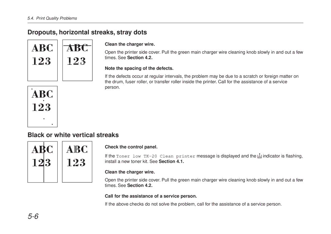 Kyocera FS-6700 manual Dropouts, horizontal streaks, stray dots, Black or white vertical streaks, Clean the charger wire 