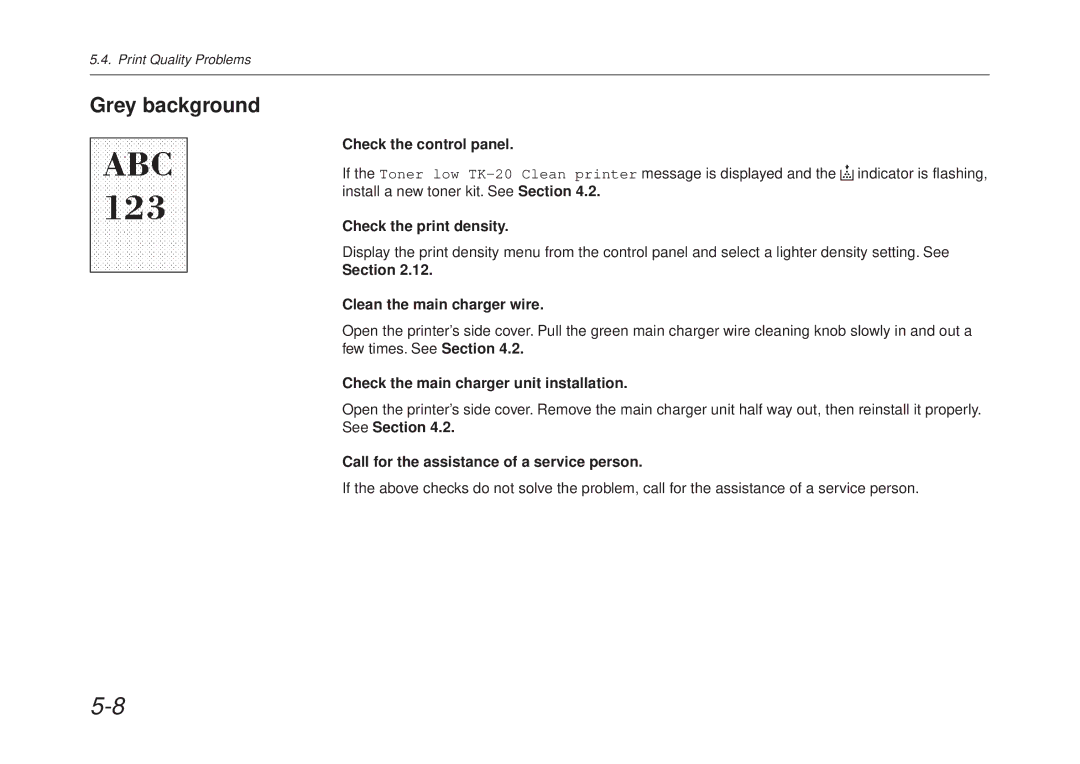 Kyocera FS-6700 manual Grey background, Check the print density, Section Clean the main charger wire 