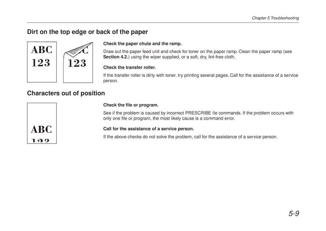 Kyocera FS-6700 Dirt on the top edge or back of the paper, Characters out of position, Check the paper chute and the ramp 