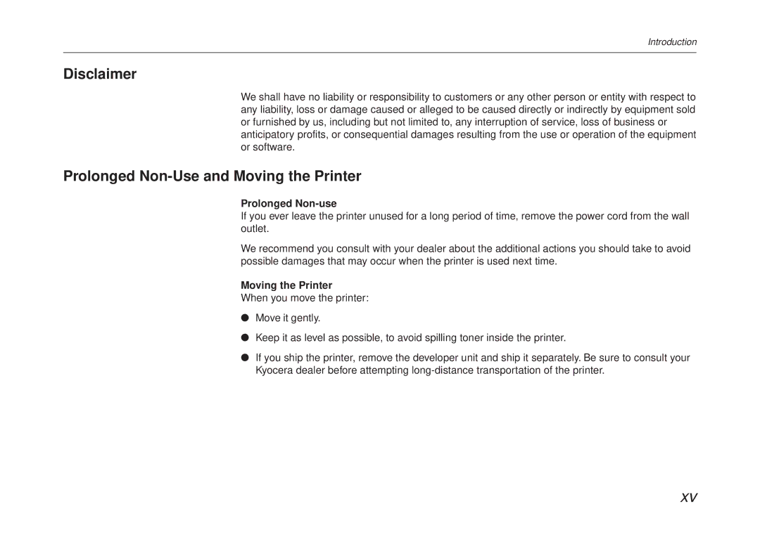 Kyocera FS-6700 manual Disclaimer, Prolonged Non-Use and Moving the Printer, Prolonged Non-use 