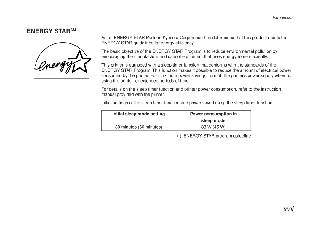 Kyocera FS-6700 manual Initial sleep mode setting Power consumption, Minutes 60 minutes, Energy Star program guideline 