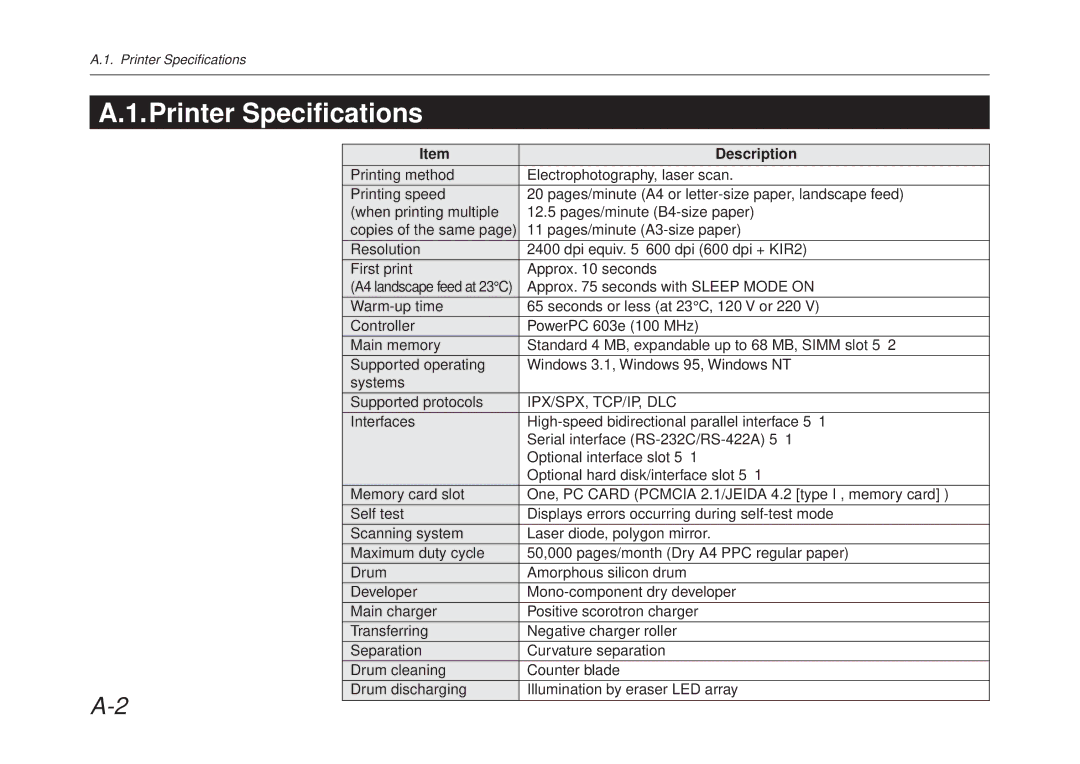 Kyocera FS-6700 manual Printer Specifications, Ipx/Spx, Tcp/Ip, Dlc 