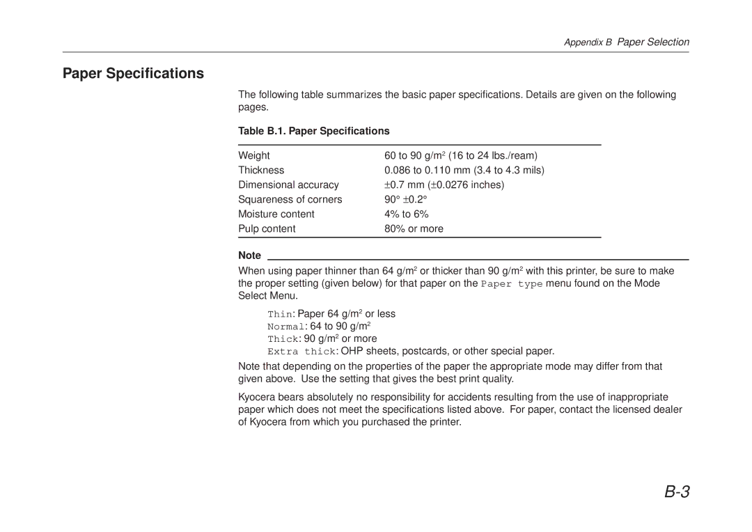 Kyocera FS-6700 manual Table B.1. Paper Specifications 