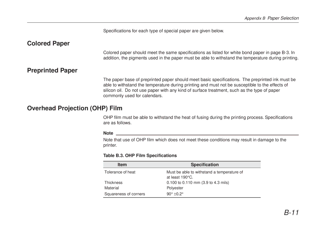 Kyocera FS-6700 manual Colored Paper, Preprinted Paper Overhead Projection OHP Film, Table B.3. OHP Film Specifications 