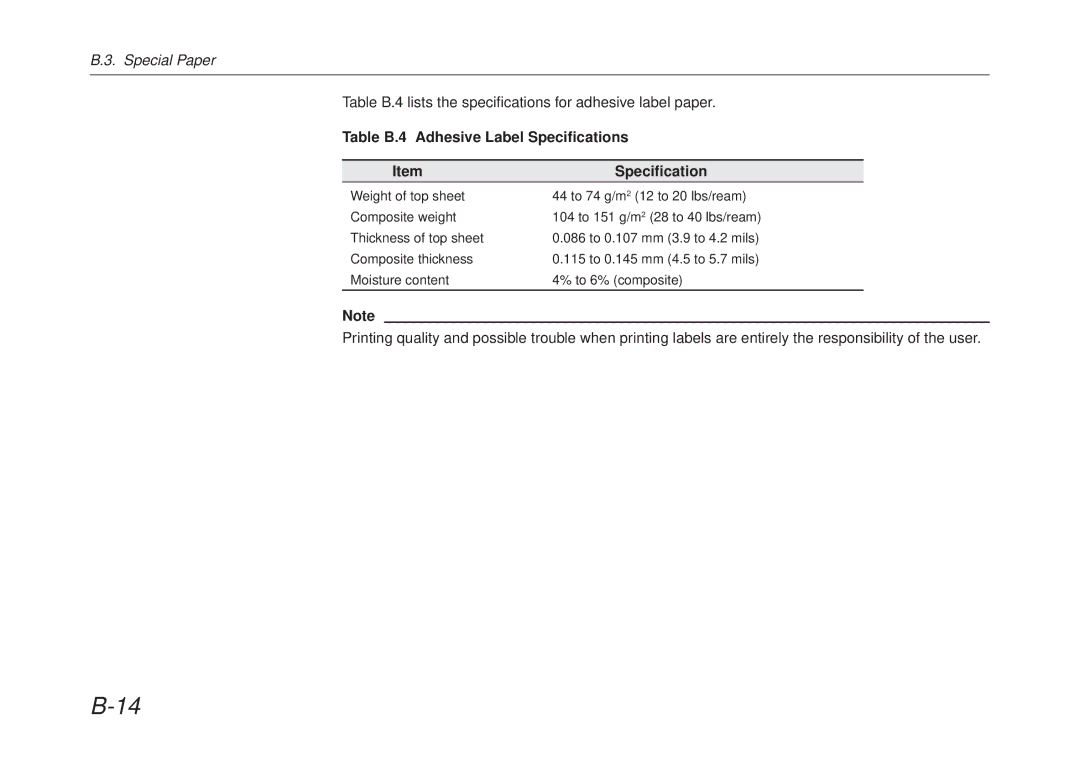 Kyocera FS-6700 manual Table B.4 Adhesive Label Specifications 