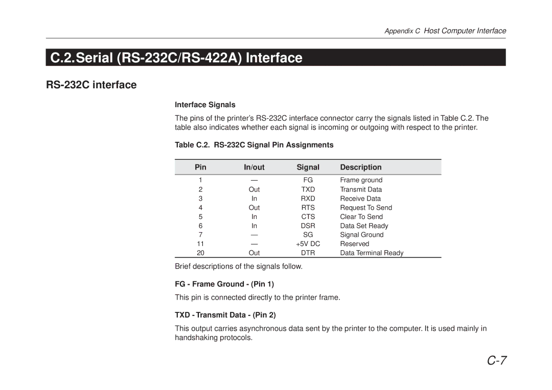 Kyocera FS-6700 manual Serial RS-232C/RS-422A Interface, RS-232C interface, Interface Signals, FG Frame Ground Pin 