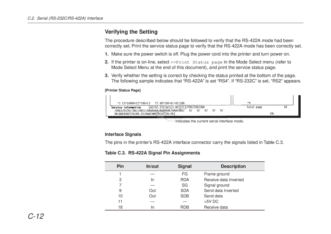 Kyocera FS-6700 manual Verifying the Setting, Table C.3. RS-422A Signal Pin Assignments In/out Description 