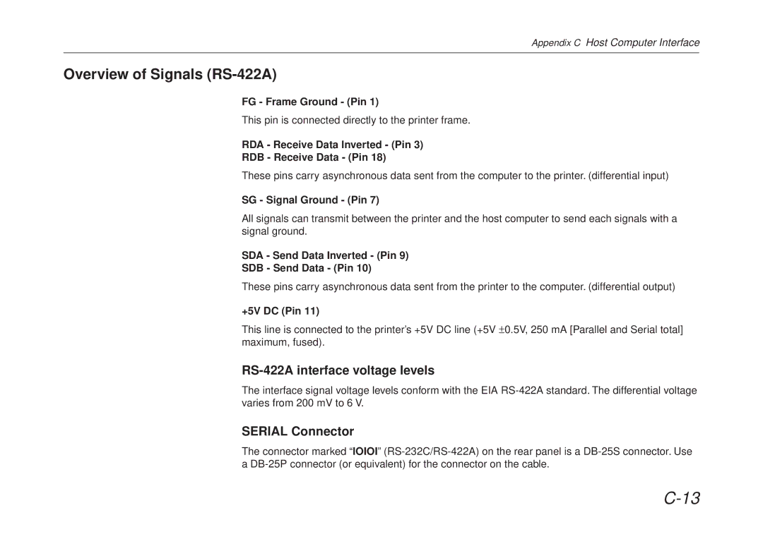 Kyocera FS-6700 manual Overview of Signals RS-422A, RS-422A interface voltage levels, Serial Connector 