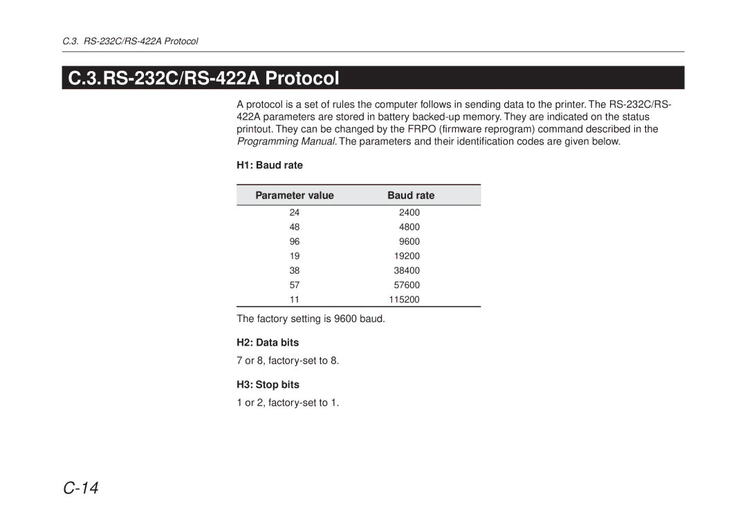 Kyocera FS-6700 manual RS-232C/RS-422A Protocol, H1 Baud rate Parameter value, H2 Data bits, H3 Stop bits 