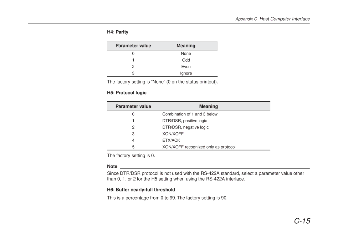 Kyocera FS-6700 manual H4 Parity Parameter value Meaning, H5 Protocol logic Parameter value Meaning 