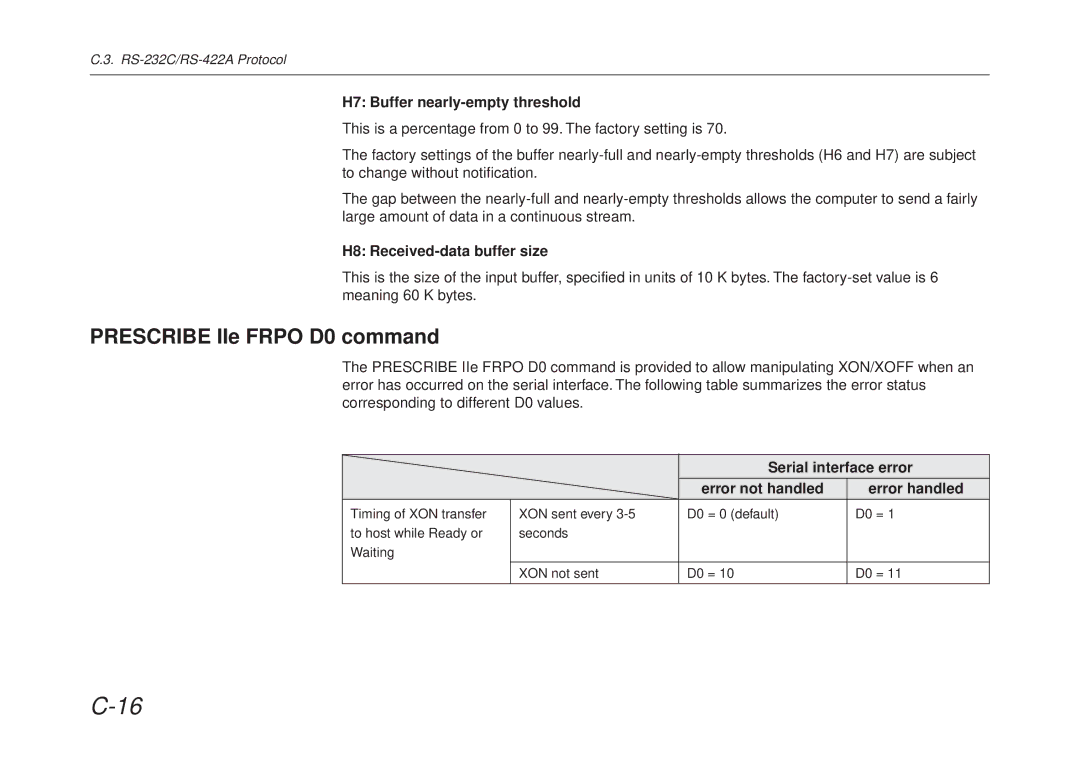 Kyocera FS-6700 manual Prescribe IIe Frpo D0 command, H7 Buffer nearly-empty threshold, H8 Received-data buffer size 