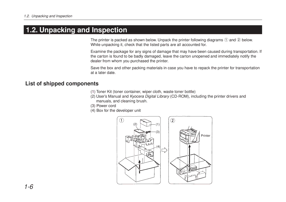 Kyocera FS-6700 manual Unpacking and Inspection, List of shipped components 