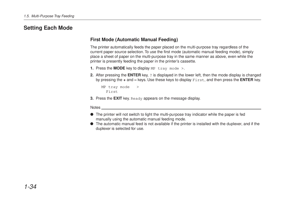 Kyocera FS-6700 manual Setting Each Mode, First Mode Automatic Manual Feeding 