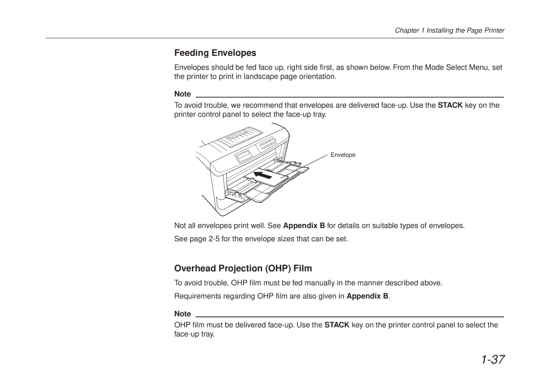 Kyocera FS-6700 manual Feeding Envelopes, Overhead Projection OHP Film 