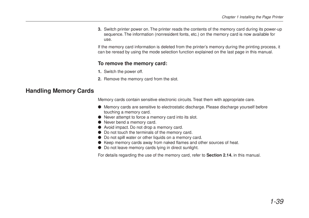 Kyocera FS-6700 manual Handling Memory Cards, To remove the memory card 