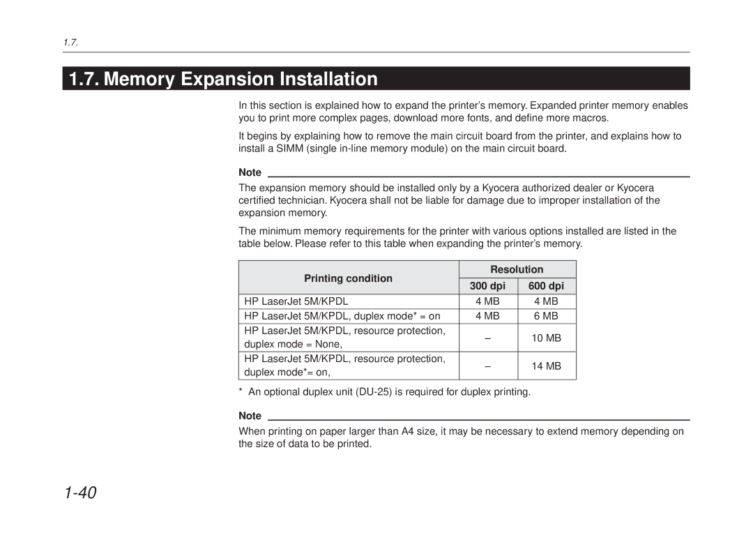 Kyocera FS-6700 manual Memory Expansion Installation, Printing condition Resolution 300 dpi 600 dpi 