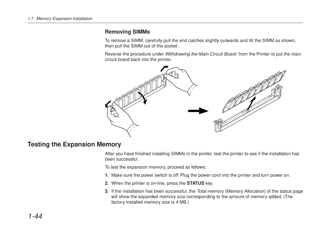 Kyocera FS-6700 manual Testing the Expansion Memory, Removing SIMMs 