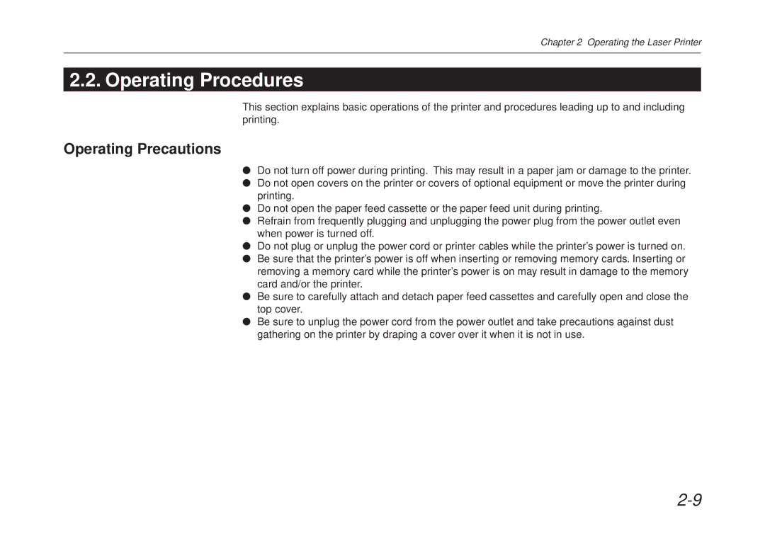 Kyocera FS-6700 manual Operating Procedures, Operating Precautions 