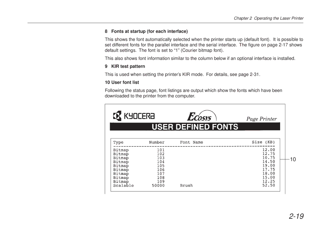 Kyocera FS-6700 manual Fonts at startup for each interface, KIR test pattern, User font list 