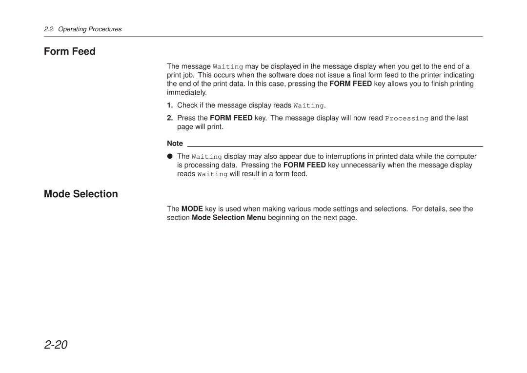 Kyocera FS-6700 manual Form Feed, Mode Selection 