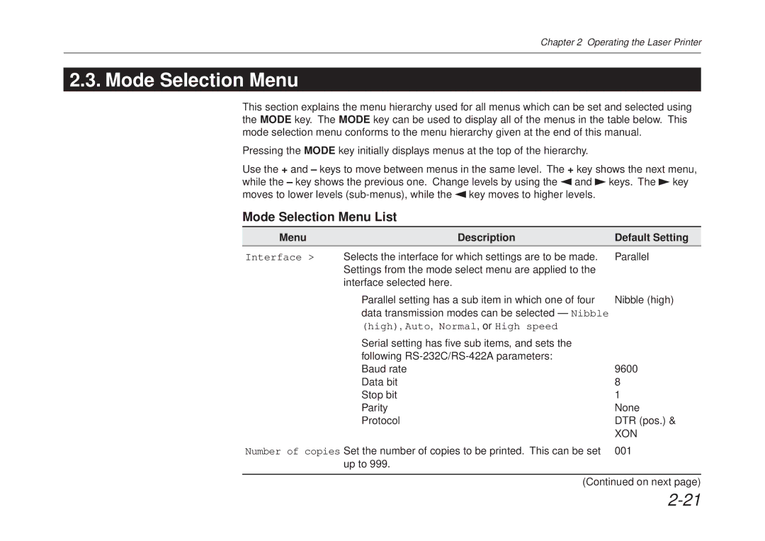 Kyocera FS-6700 manual Mode Selection Menu List, Menu Description Default Setting 