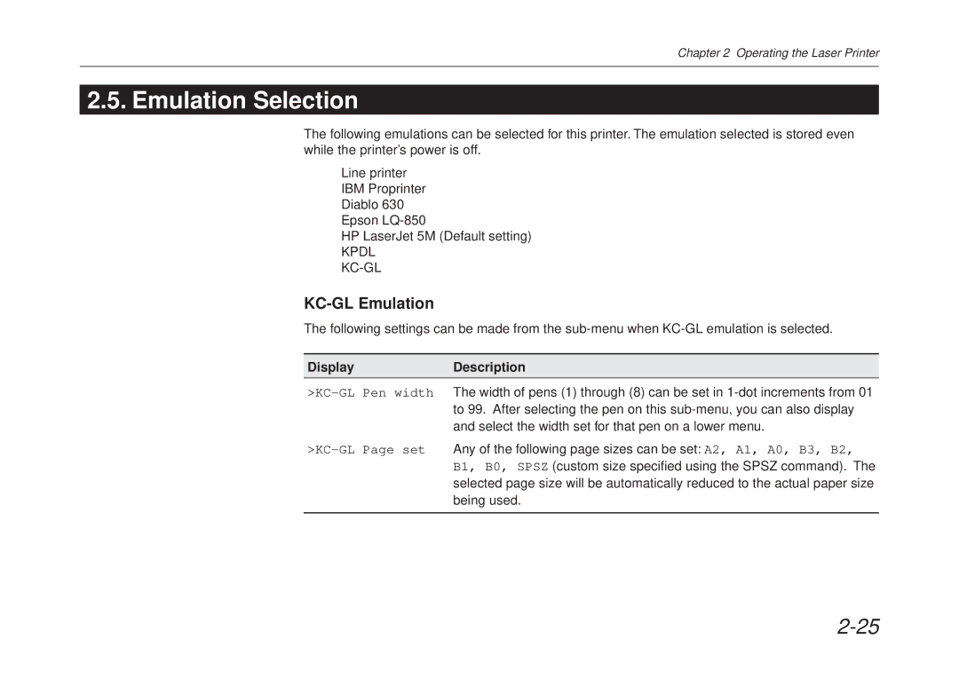 Kyocera FS-6700 manual Emulation Selection, KC-GL Emulation, DisplayDescription 