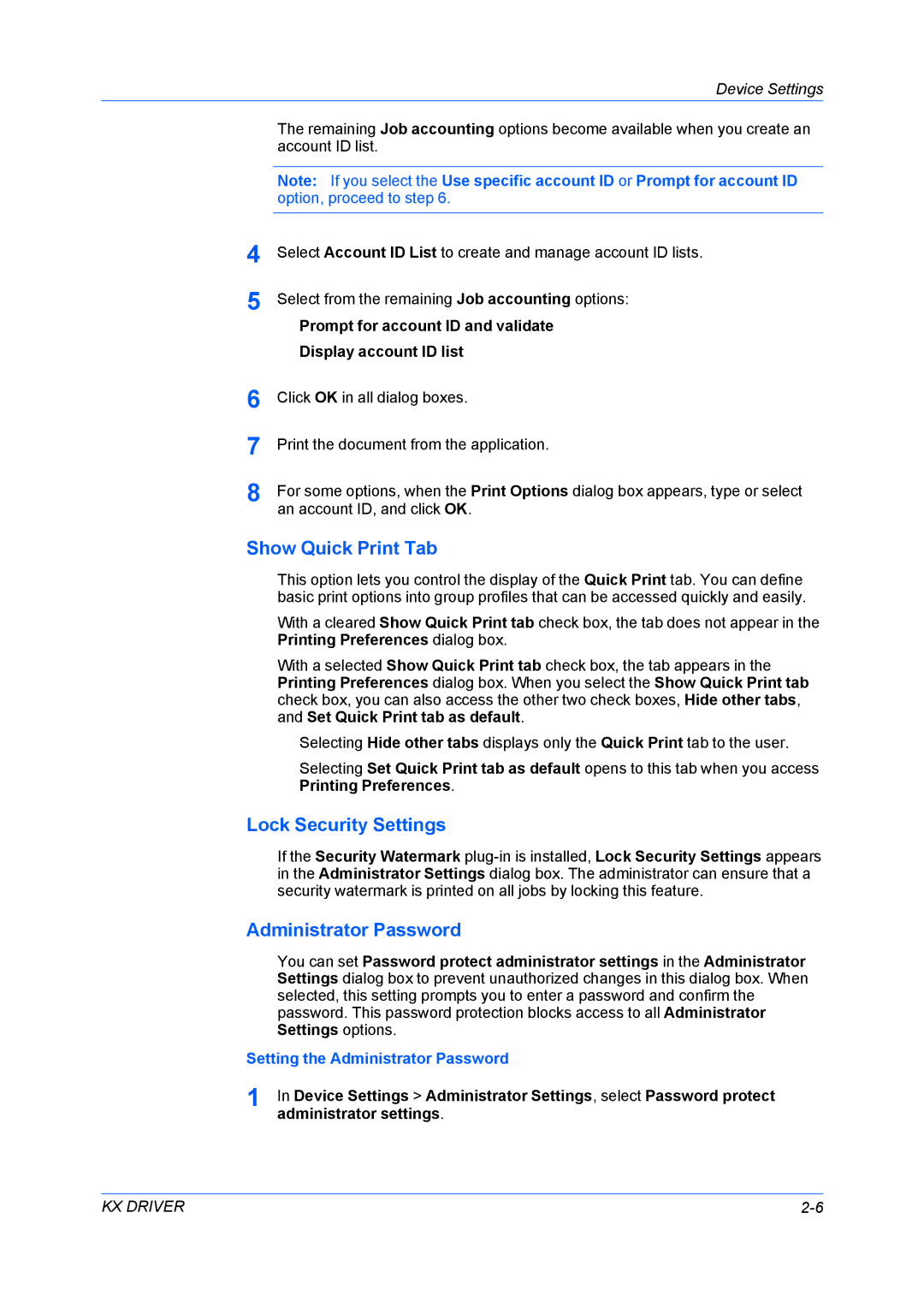 Kyocera FS-6970DN manual Show Quick Print Tab, Lock Security Settings, Setting the Administrator Password 