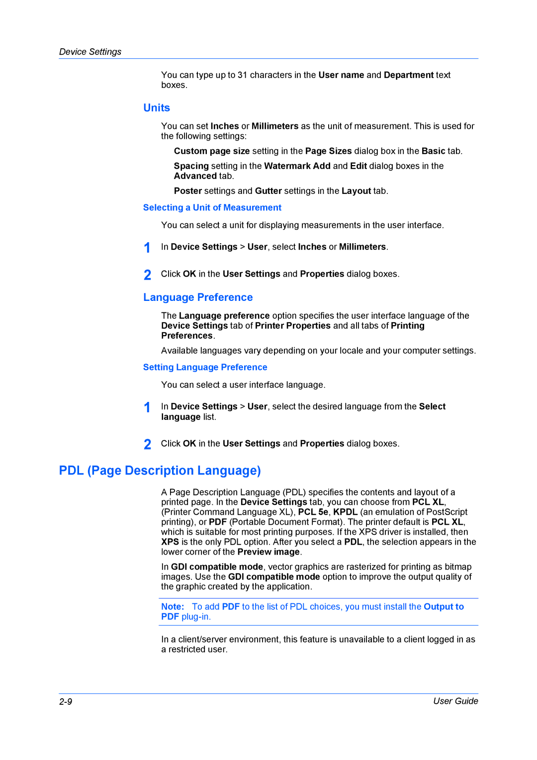 Kyocera FS-6970DN manual PDL Page Description Language, Units, Language Preference, Selecting a Unit of Measurement 