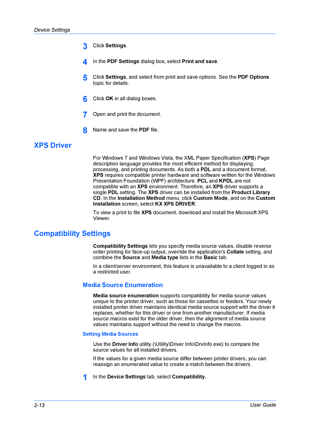 Kyocera FS-6970DN manual XPS Driver, Compatibility Settings, Media Source Enumeration, Setting Media Sources 