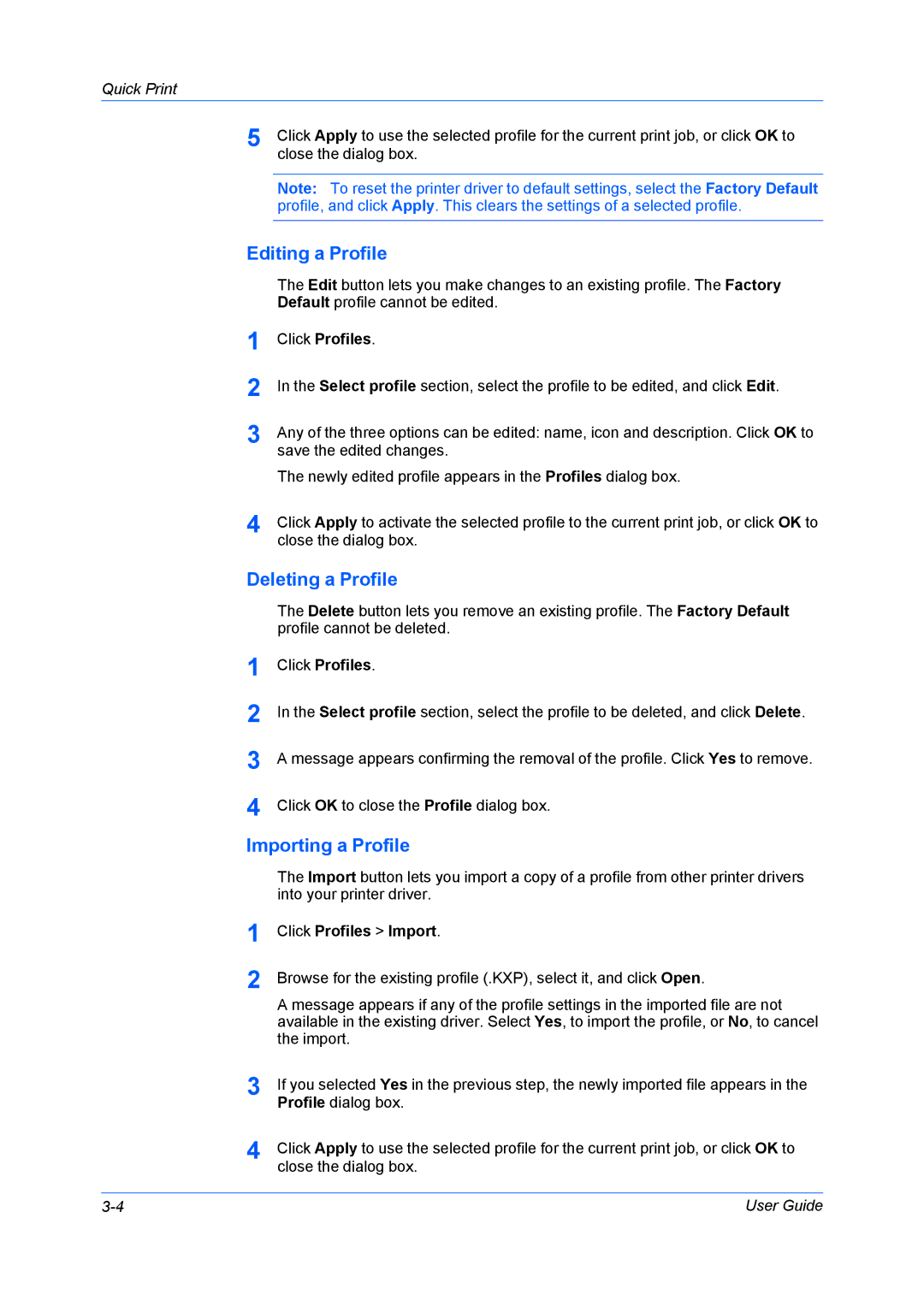 Kyocera FS-6970DN manual Editing a Profile, Deleting a Profile, Importing a Profile, Click Profiles Import 